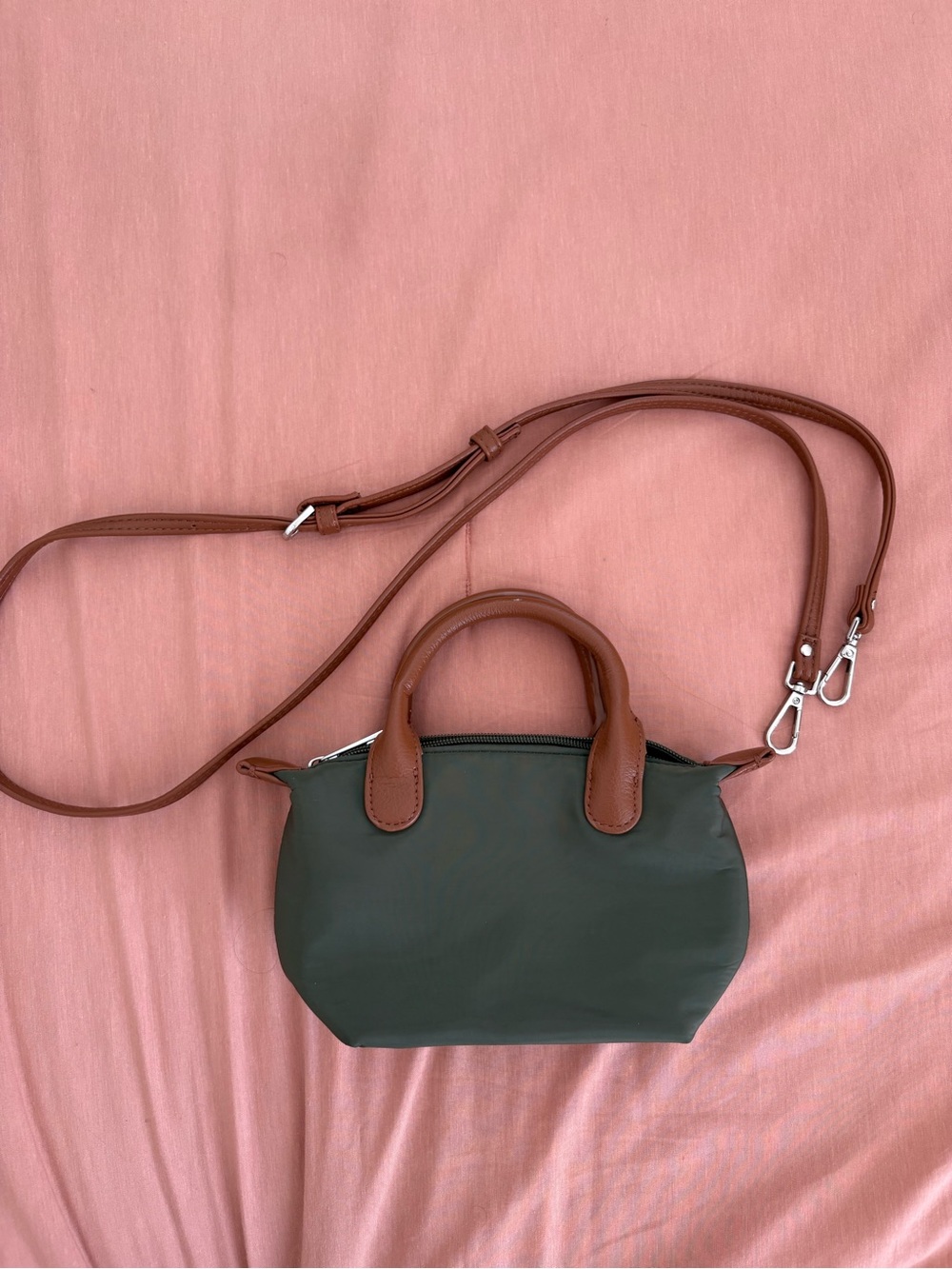 Compact Olive Green Crossbody Bag with Brown Trim